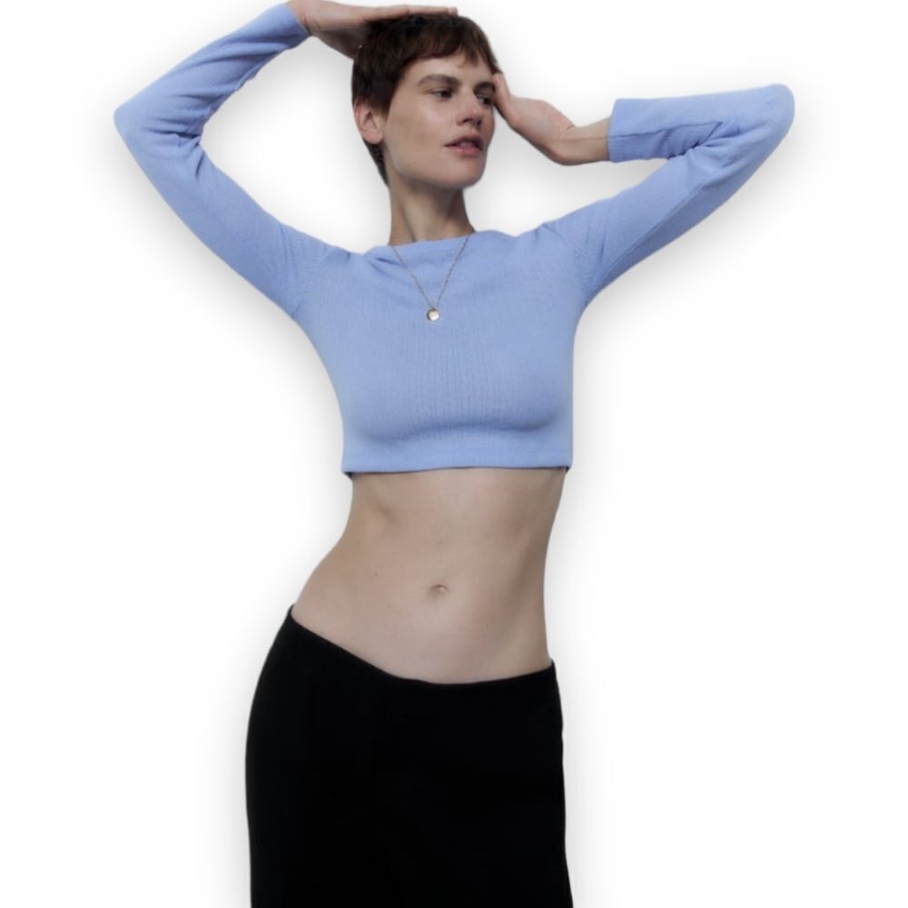 Zara Sky Blue Textured Long Sleeve Round Neck Crop Top US Medium